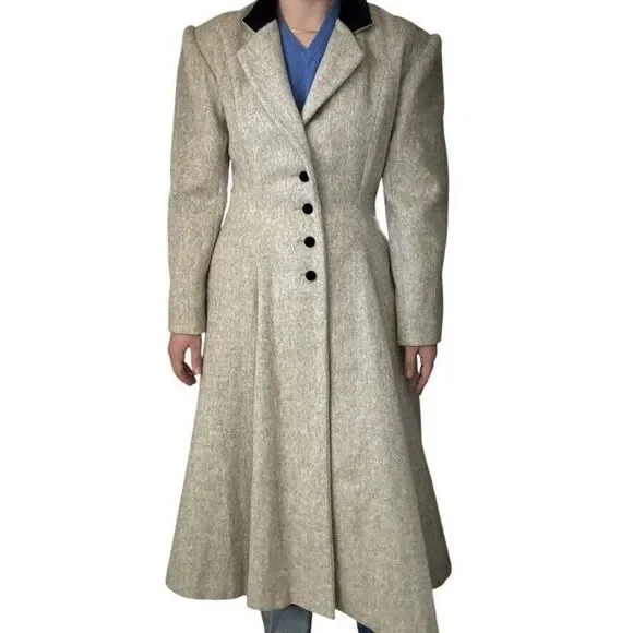 Vintage Womens Cullinane Gray Wool Bow Waist Velvet Collar Trench Coat Jacket S - Picture 1 of 14